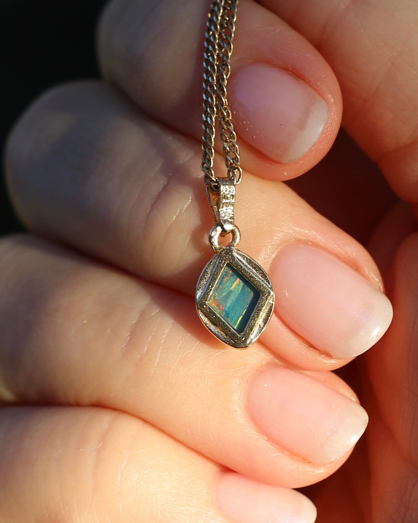 Bezel Set Solid Opal Diamond Shaped Pendant, 14ct Yellow Gold, 0.88g