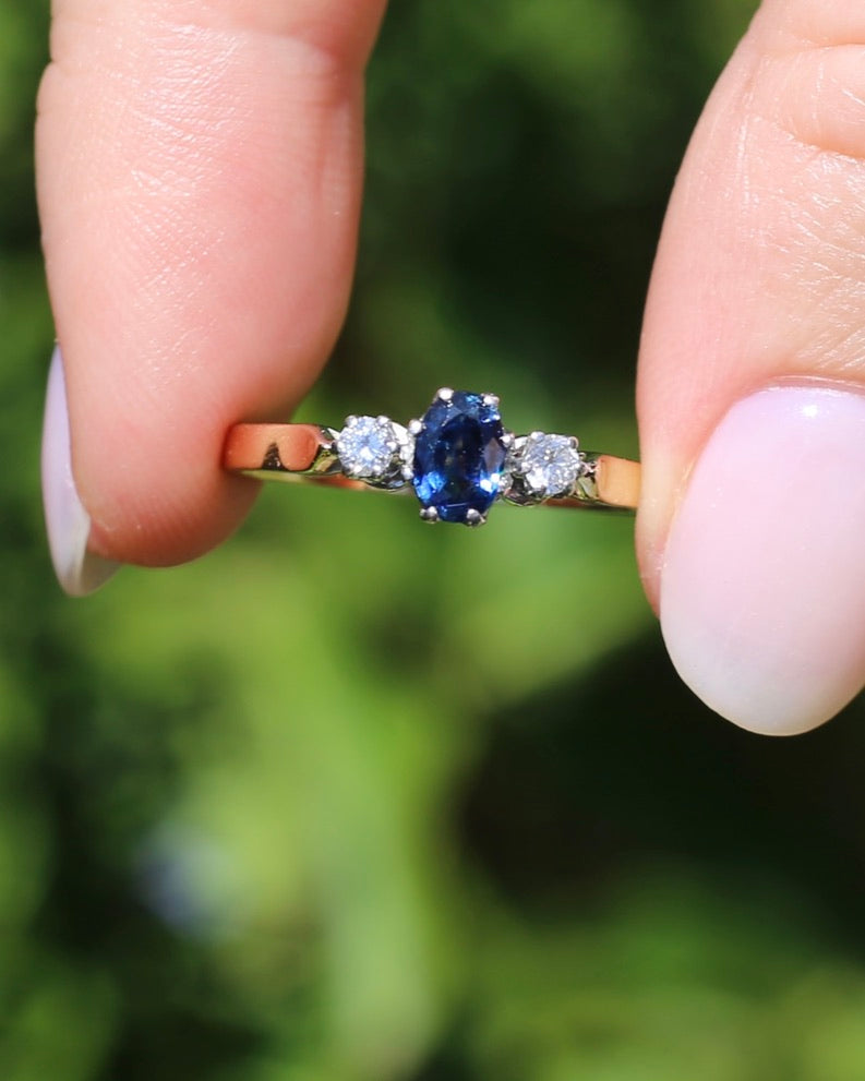 Sapphire and Diamond Trilogy, 9ct Yellow Gold and Palladium, size P or 7.75, 2.32g