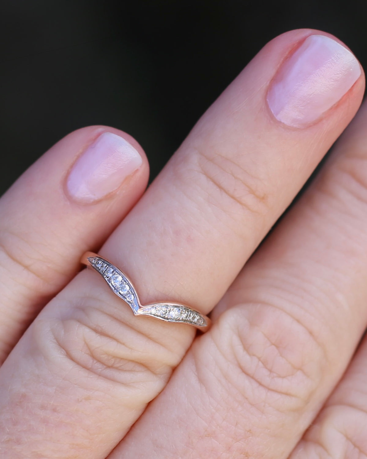 Bead Set Natural Diamond Wishbone Ring, 9ct Rose Gold, size J or 4.75, 1.7g