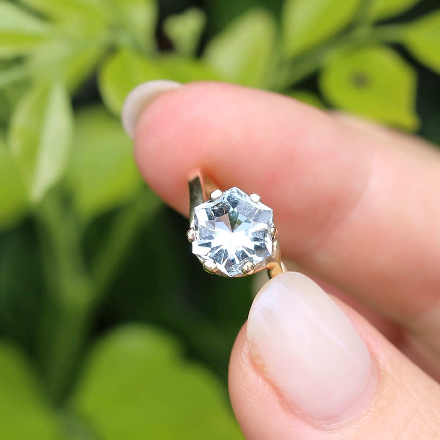 Fancy Hexagonal Cut Pale Blue Zircon Ring, 9ct Yellow Gold, size 7.5 or just over O1/2