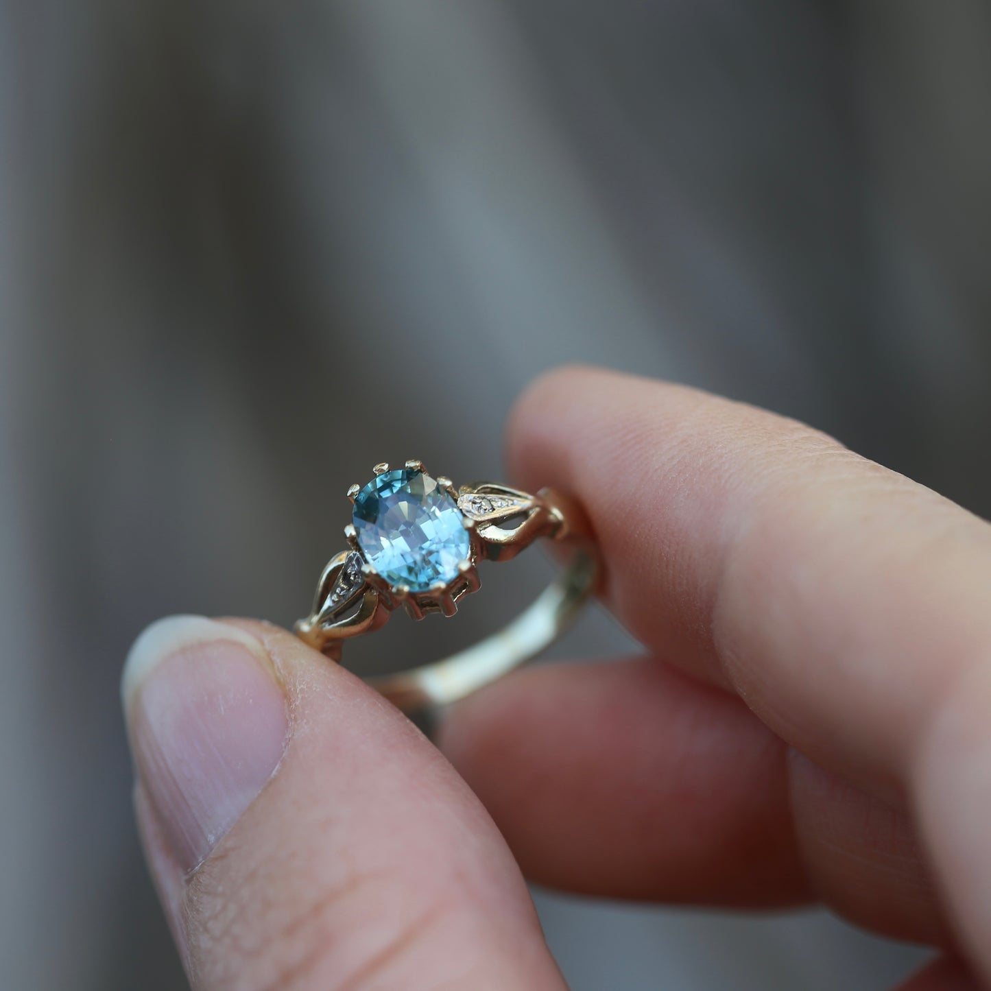 Oval Blue Zircon with Decorative Diamond Shoulders, size N or 6.75