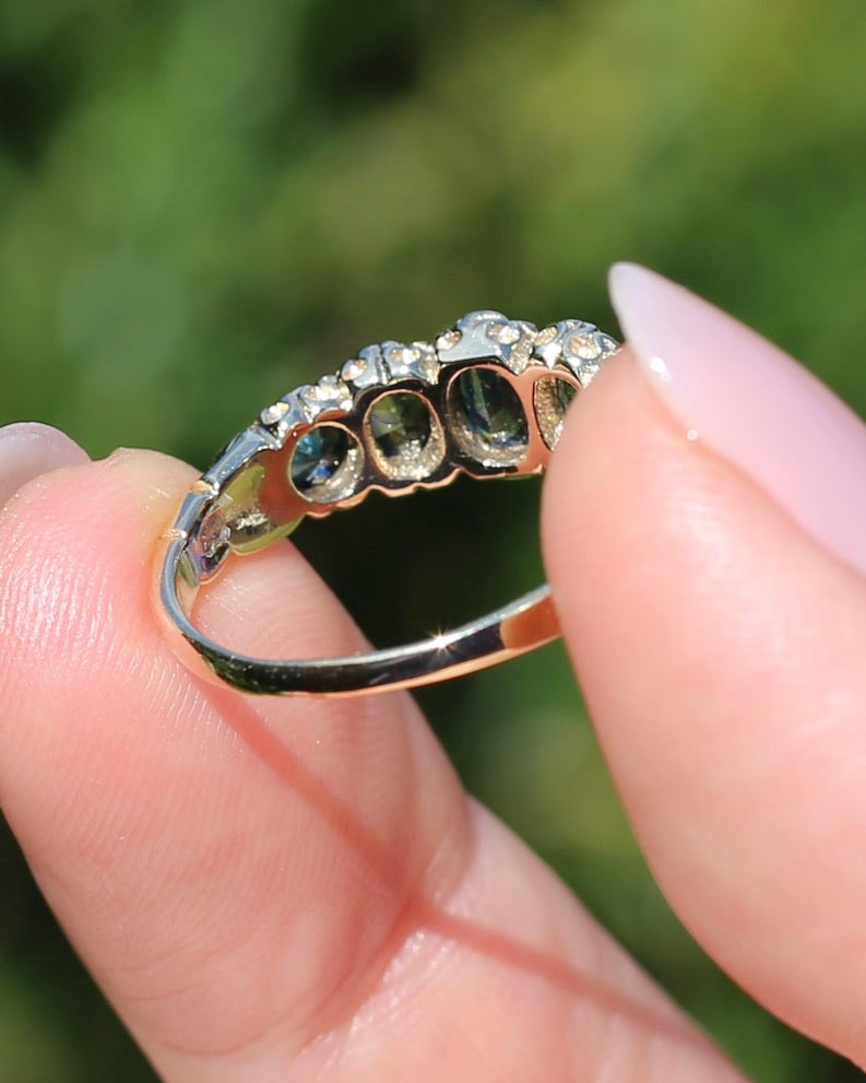 2.08ct Parti Sapphire Five Stone Ring,London Made 1989 9ct yellow Gold, size P1/2 or 8, 3.07g