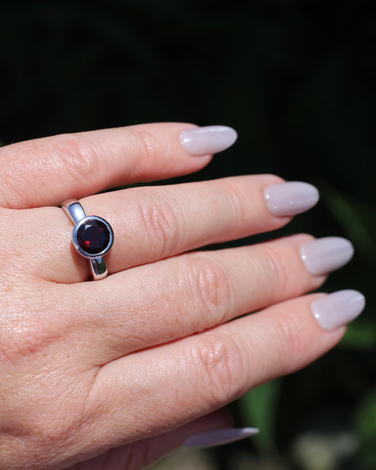 9mm Round Garnet in Bezel Set Silver Ring, Sterling Silver, size 7 or just over N1/2, 4.16g