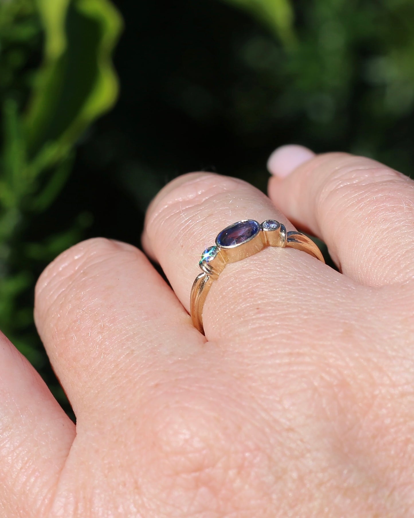 Vintage Bezel Set Cornflower Blue Sapphire and Diamond Ring, 9ct Yellow Gold, size O or 7.25