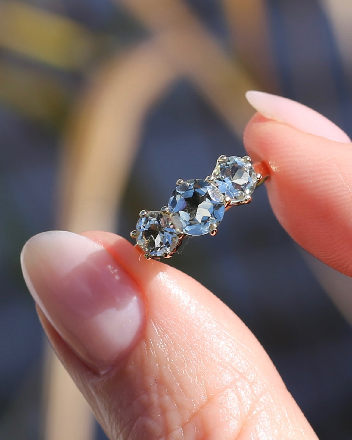 Prasiolite or Green Amethyst in Vintage Trilogy, 9ct Yellow Gold, size 7 or N1/2