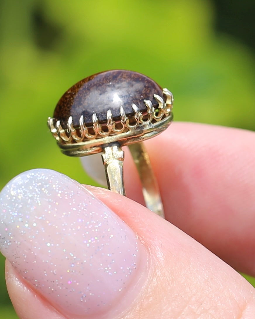 Second Glance - Antique Birmingham Made 1922 Tiger Eye Cabochon Ring, 15ct Yellow Gold, size I or 4.25, 2.27g
