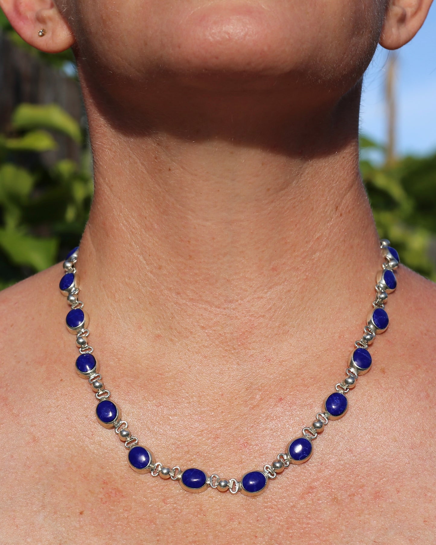 Vintage Mexican Bezel Set Lapis Necklace, 19 inches or 48cm, 51.6g