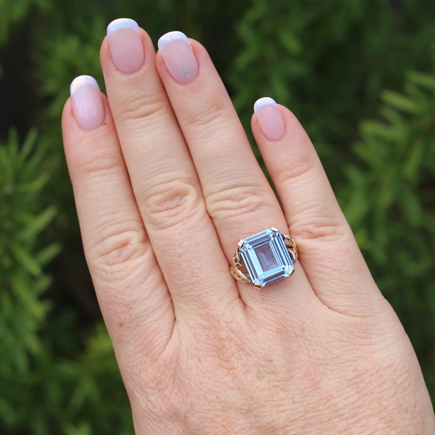 Mid Century Emerald Cut Blue Spinel Cocktail Ring, size N1/2 or 6.75