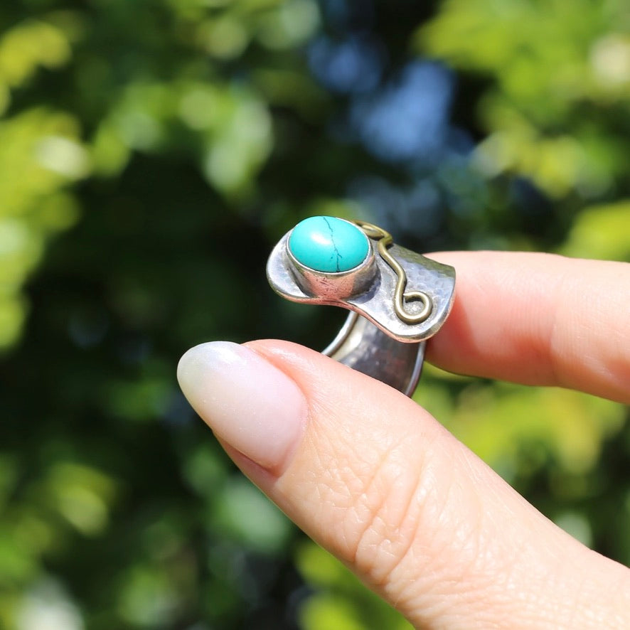 Rustic Silver and Turquoise Cuff Ring, sizeable