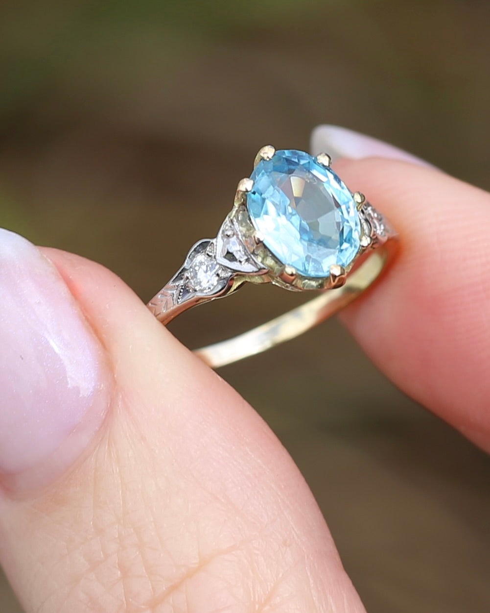 Circa 1930s Art Deco Blue Zircon and Diamond Ring, 18ct size just over M1/2 or 6.5, 2.80g