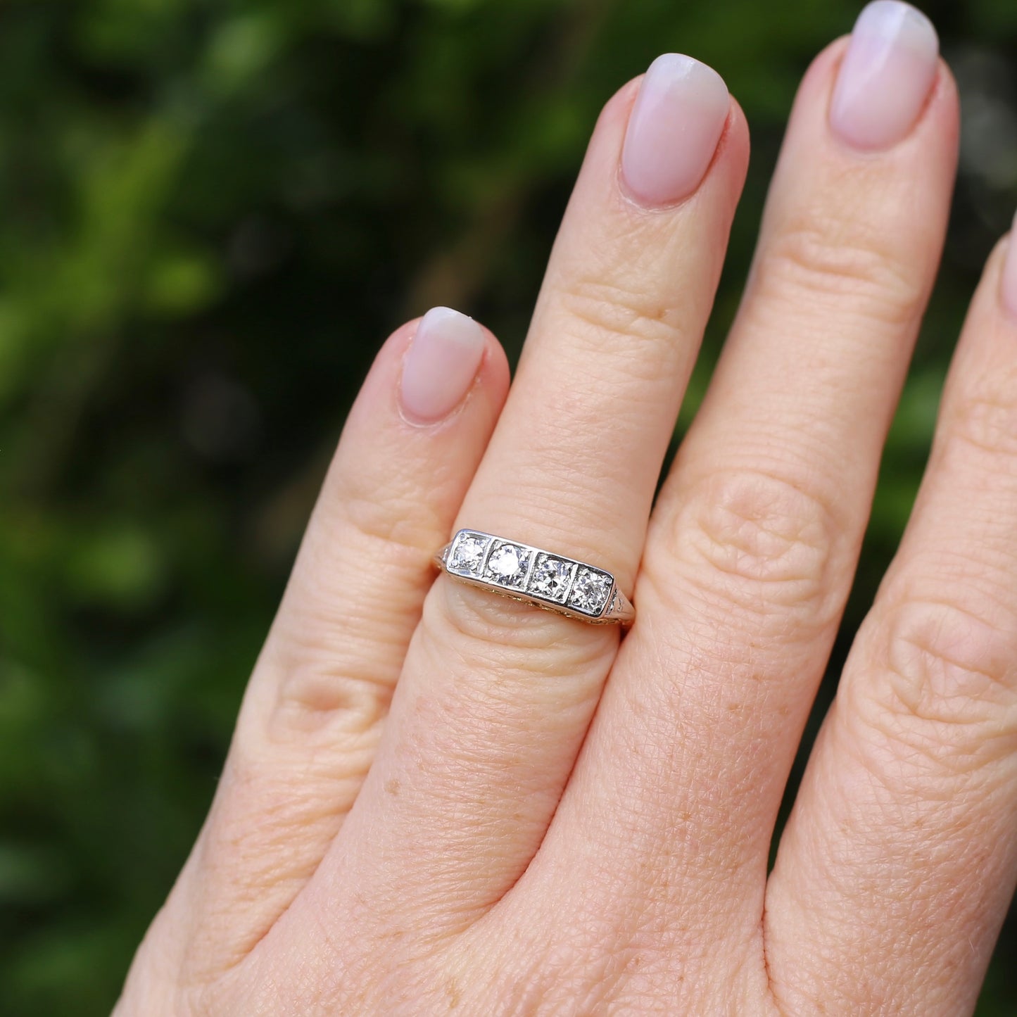 1930s 4 Stone Transitional Cut Diamond Mixed Metal Ring, 18ct Yellow Gold & Platinum, size M or just bigger than 6