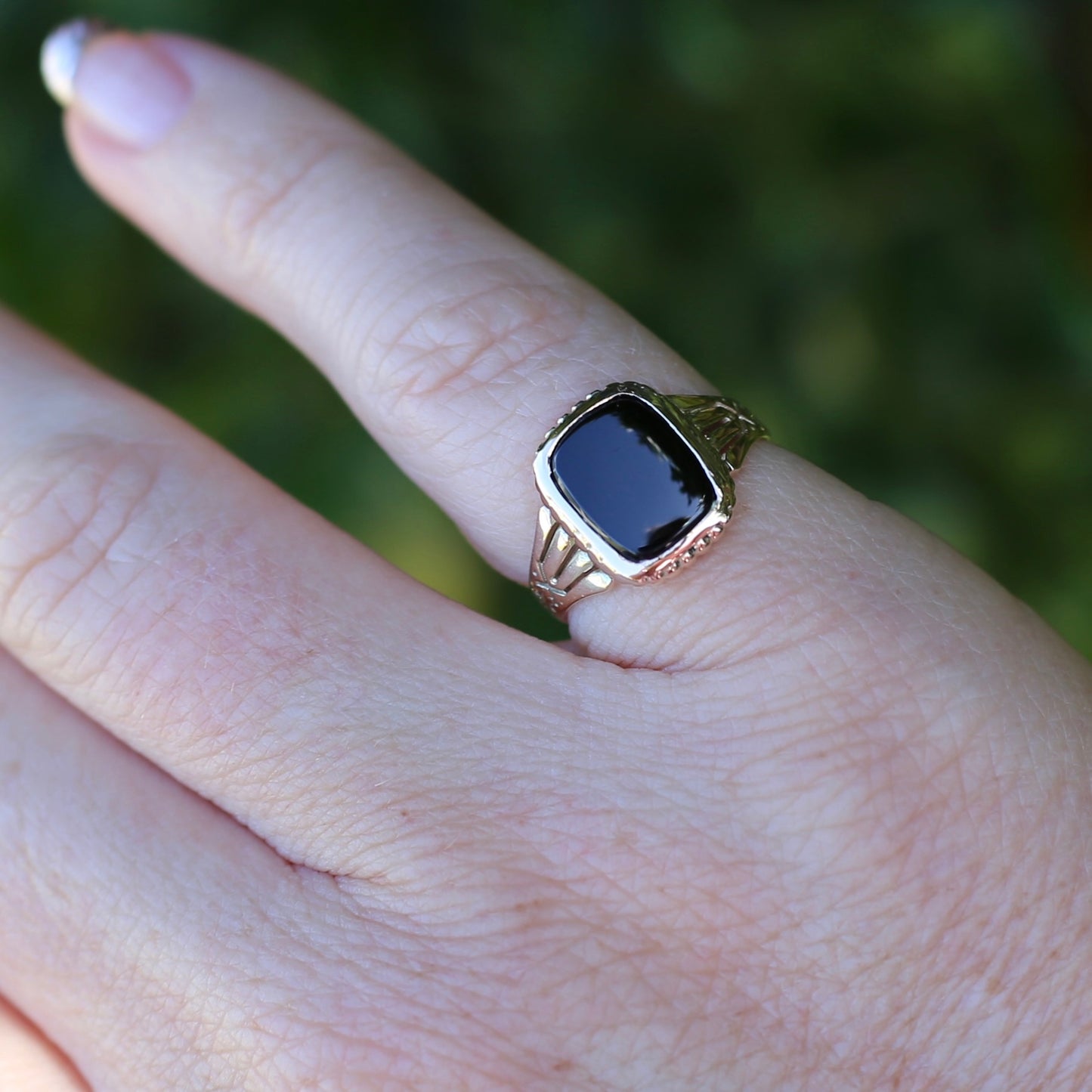 Vintique Onyx Signet Ring with Engraved Shoulders, 9ct Rosey Gold, size K1/2 or 5.5