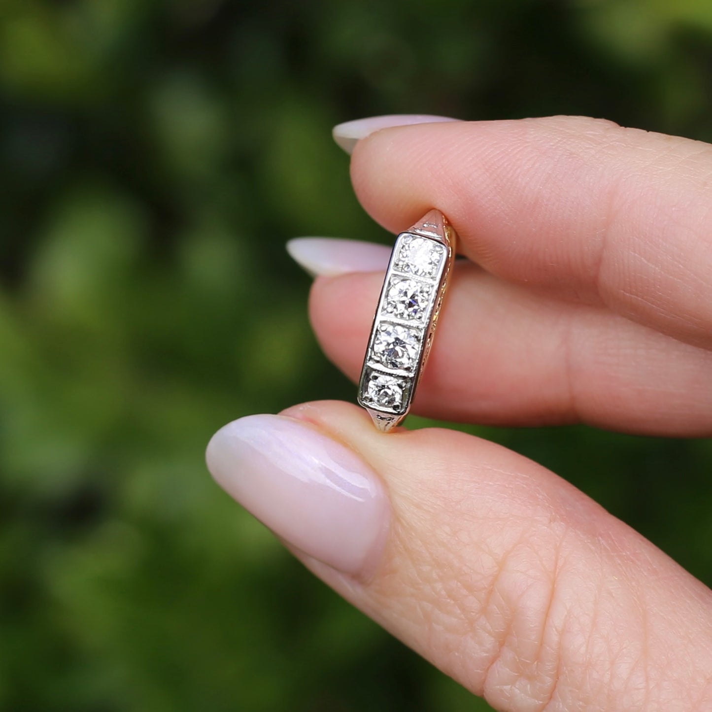 1930s 4 Stone Transitional Cut Diamond Mixed Metal Ring, 18ct Yellow Gold & Platinum, size M or just bigger than 6