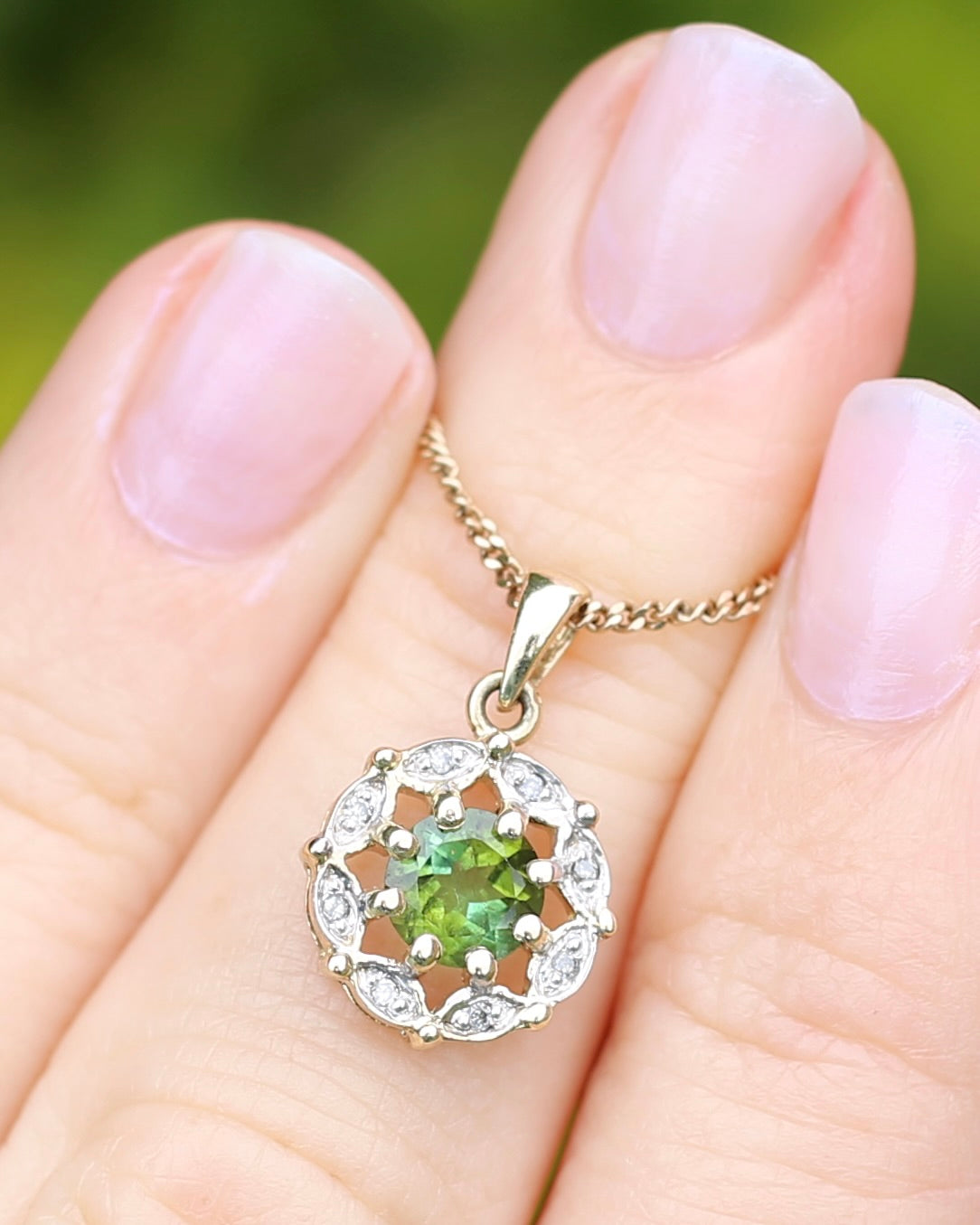 Vintage 0.7ct Green Tourmaline and Diamond Pendant, 9ct Yellow Gold, 1.15g