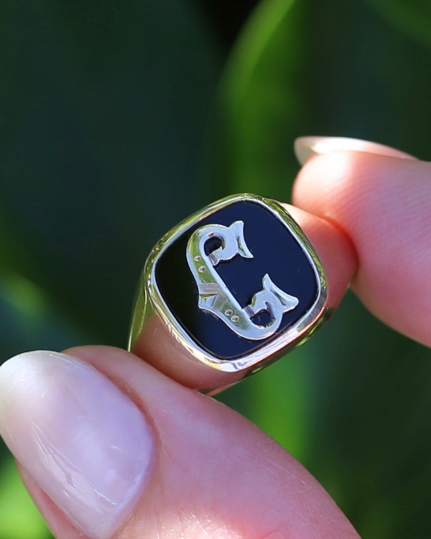Vintage "C" Onyx Signet Ring, Bezel Set, Older Rosey Gold, size 9.5 or T