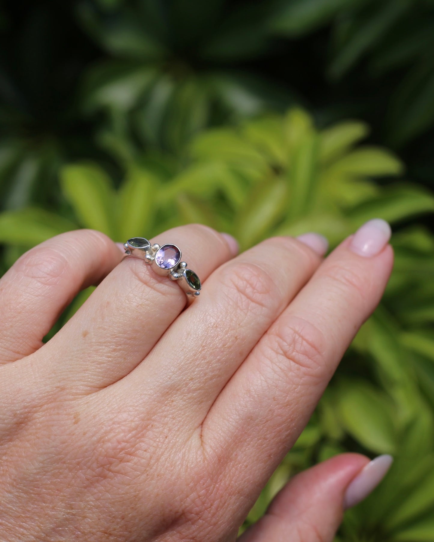 Amethyst & Peridot Bezel Set Trilogy Ring, Sterling Silver, size N or 6.75, 2.7g