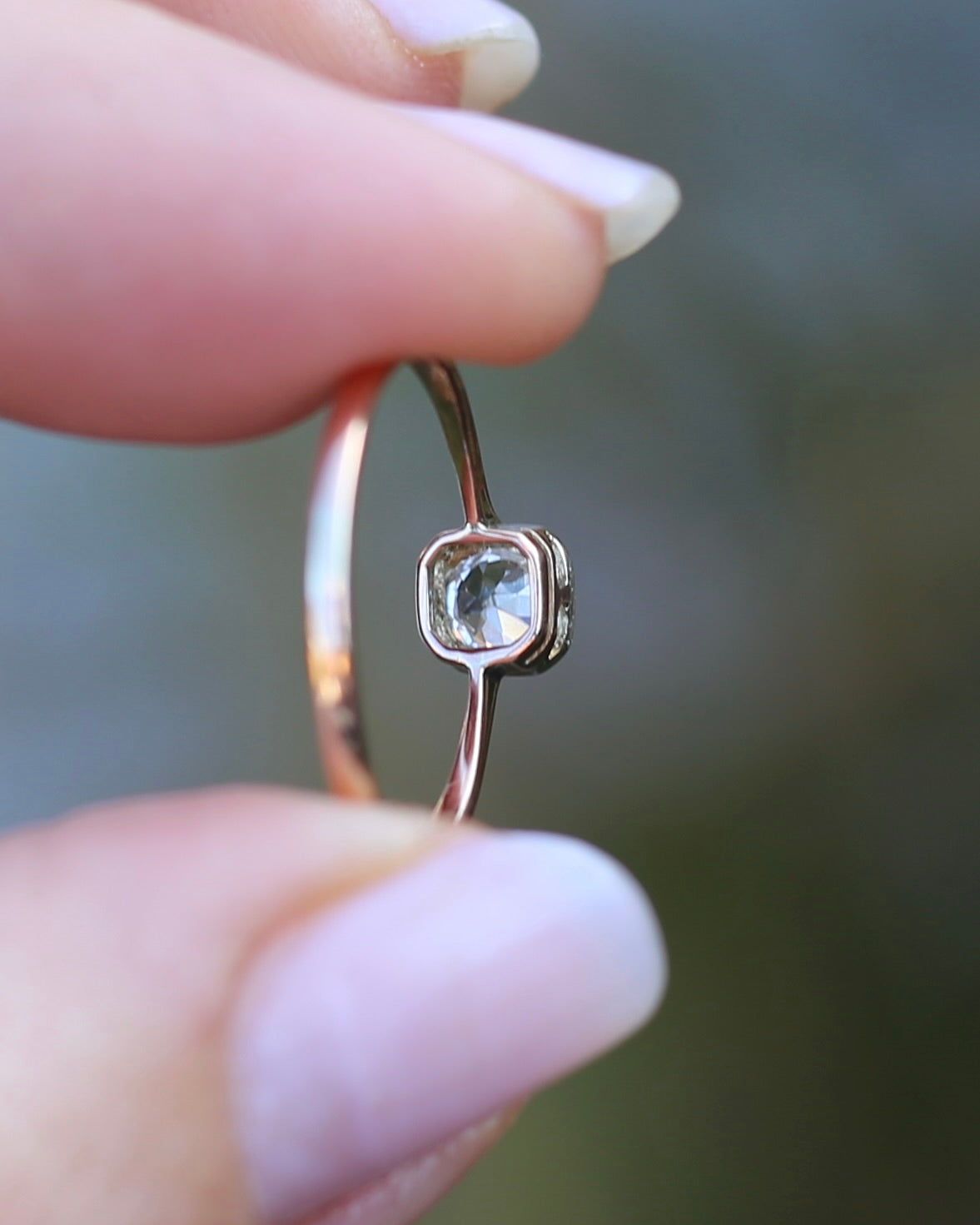 Old Cut White Sapphire in Handmade Setting, 9ct Old Rosey Gold, size N1/2 or 7, 1.19g