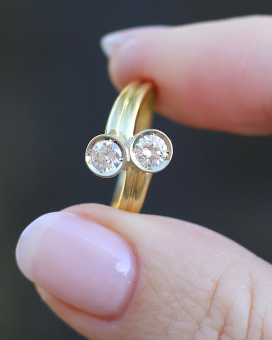 Vintage Toi Et Moi Two Stone Natural Diamond Ring, 18ct Yellow and White Gold Ring, size P1/2 or just over 7.75, 4.42g, with valuation