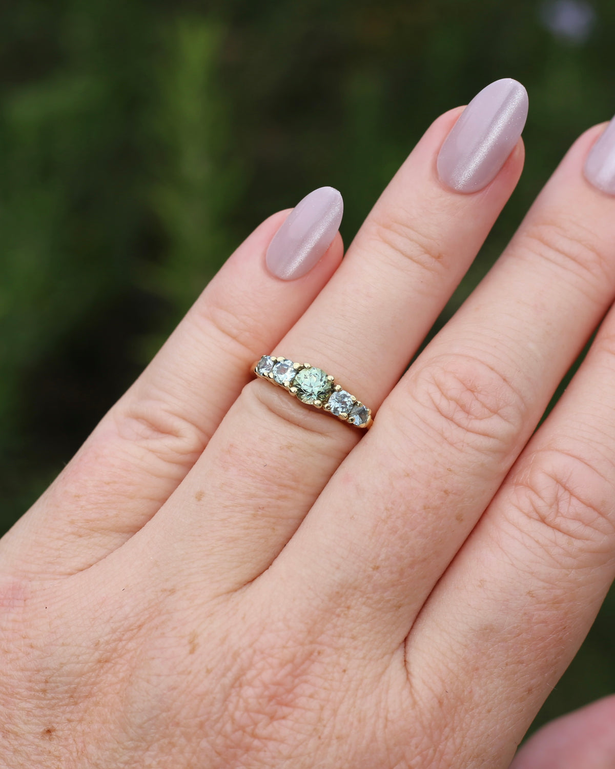 1.35ct Blue Green Natural Five Stone Sapphire Ring, 9ct Yellow Gold, size 6.5 or just over M1/2, 2.91g