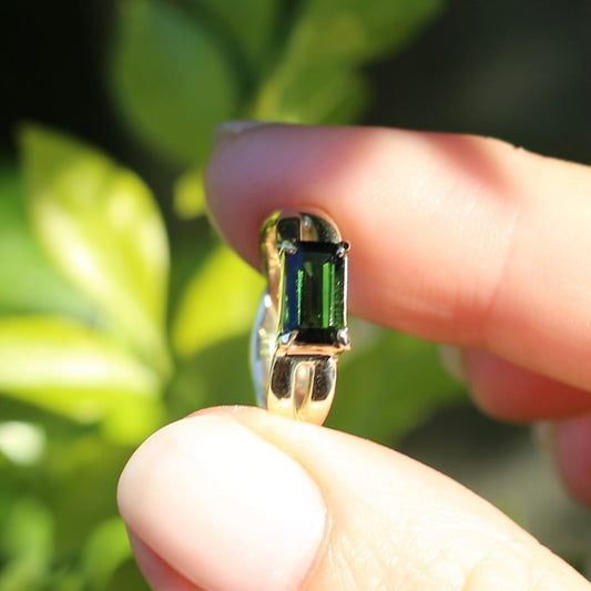 East West Set Emerald Cut Dark Green Natural Tourmaline Ring, 9ct Yellow Gold, size L or 5.75