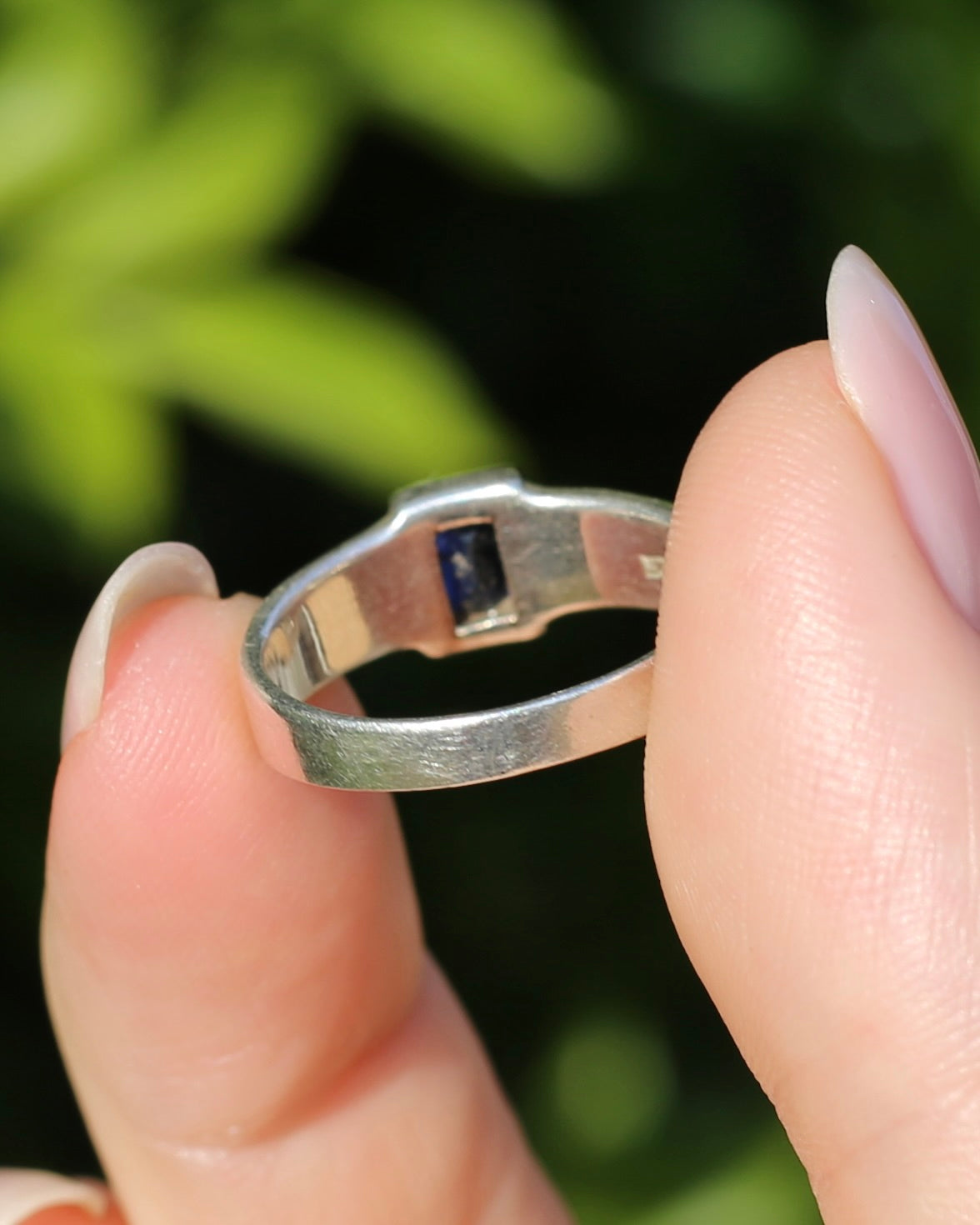 Blue Sapphire (Synthetic) Baguette in Bezel Set Silver Ring, size Q1/2 or 8.25 (fits more like a P1/2), 3.5g