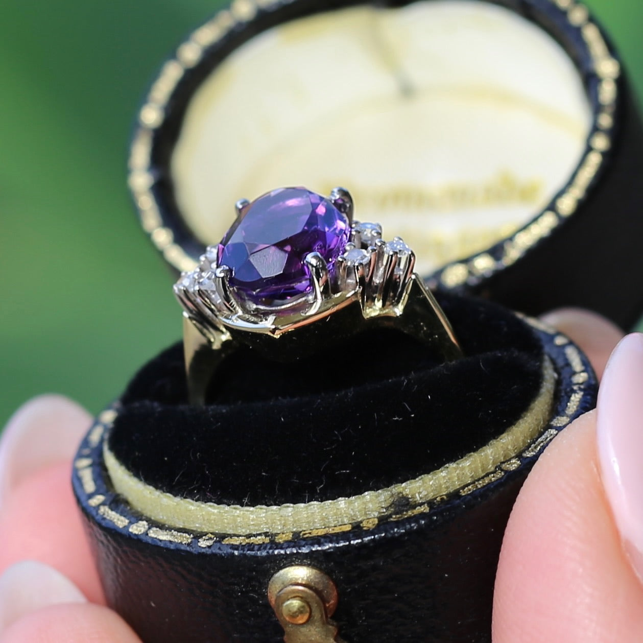 Vintique Oval Amethyst and Diamond Ring, 18ct Yellow Gold, size K1/2 or 5.5