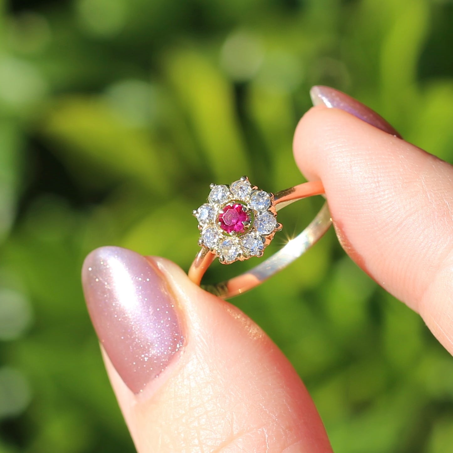 Antique Ruby and Old Cut Diamond Cluster, 15ct Yellow Gold, size O or 7.25 with valuation