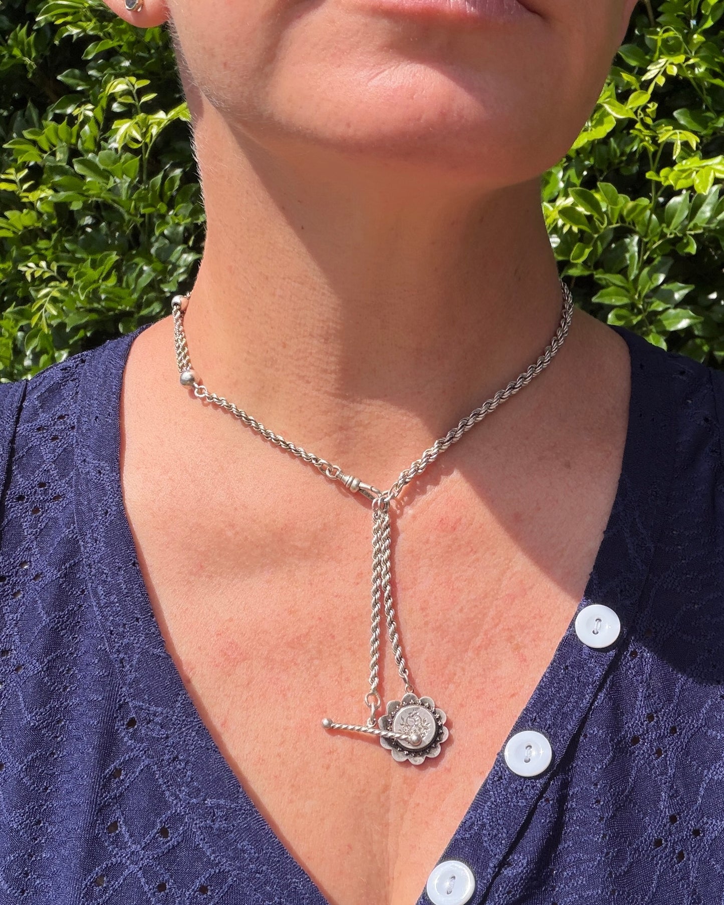Antique 1896 Double Albertina Necklace with T-bar and Floral Pendant, Sterling Silver, 18.85g