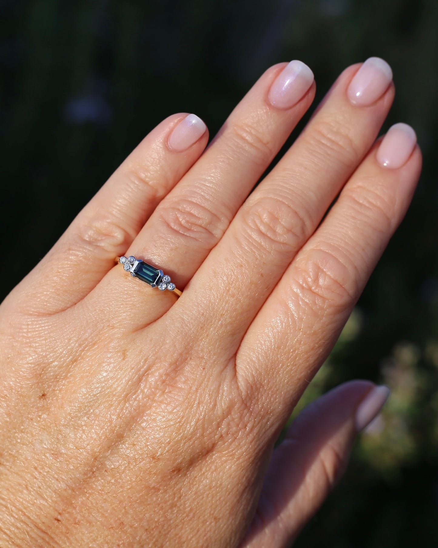 Vintage East West Set Natural Sapphire and Diamond Ring, 18ct Yellow and White Gold, size O or 7.25, 3.36g, with valuation
