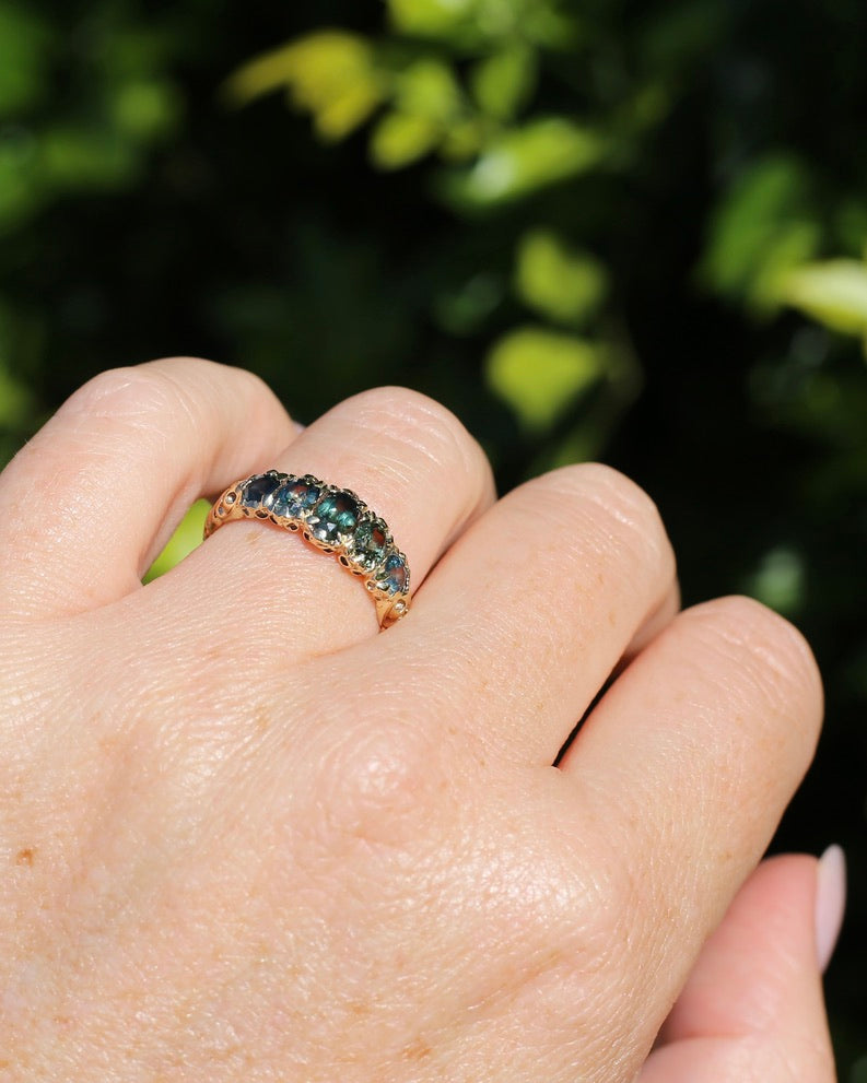 2.08ct Parti Sapphire Five Stone Ring,London Made 1989 9ct yellow Gold, size P1/2 or 8, 3.07g
