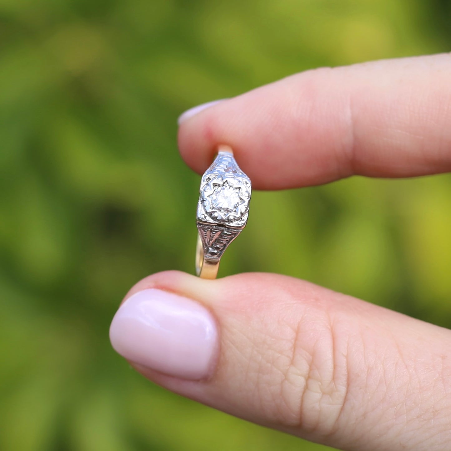 1930s Art Deco Inspired Platinum and 18ct Gold Solitaire Ring, size N or almost 6.75