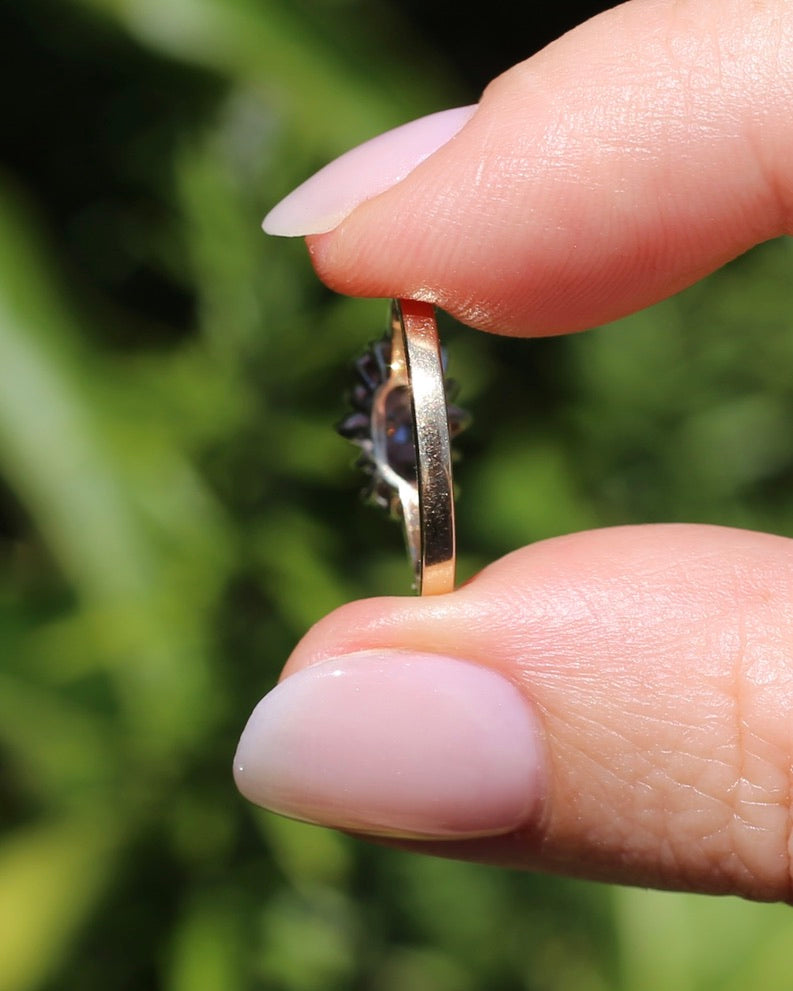 1991 London Made Diamond Cluster Ring, 9ct Yellow and White Gold, size J or 4.75, 2.2g