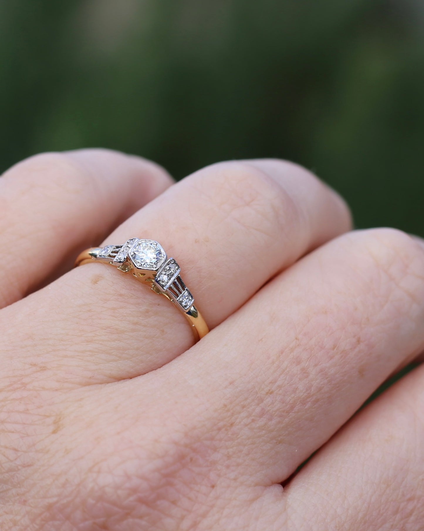 Hexagonal Grain Semi Modern Cut Diamond and Single Cut Diamond Shoulders Ring, 18ct White and Yellow Gold, size P1/2 or 8, 2.58g, with valuation
