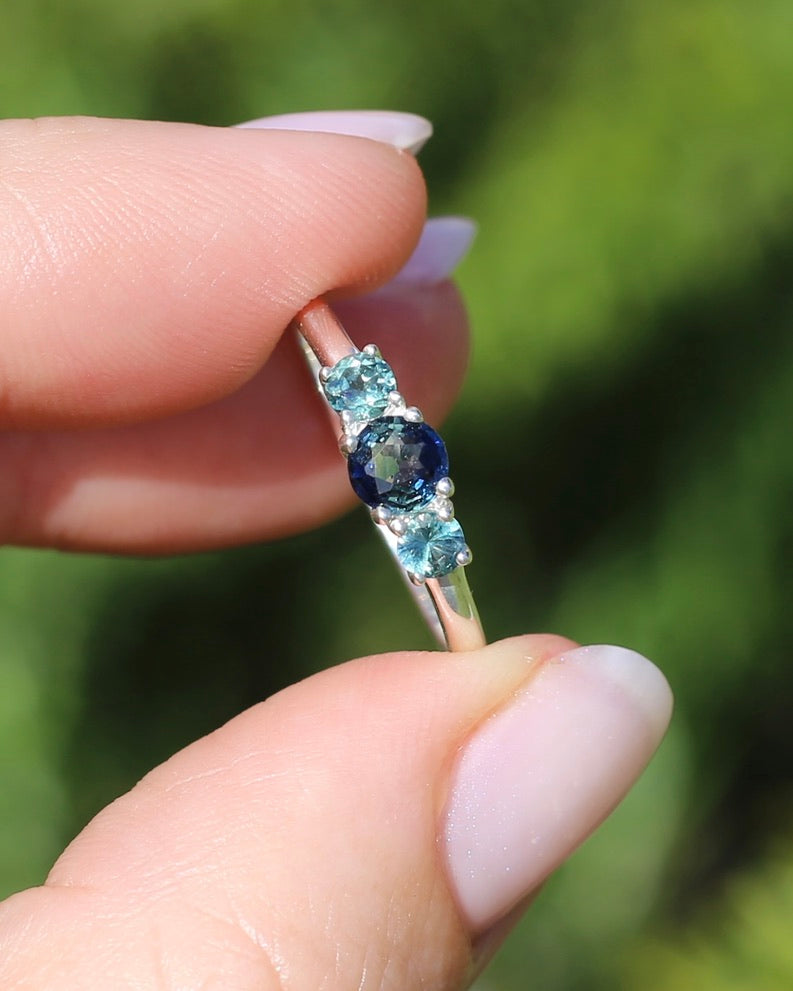 0.85ct Natural Parti Sapphire Trilogy Ring, Sterling Silver, size Q or 8.25, 1.98g