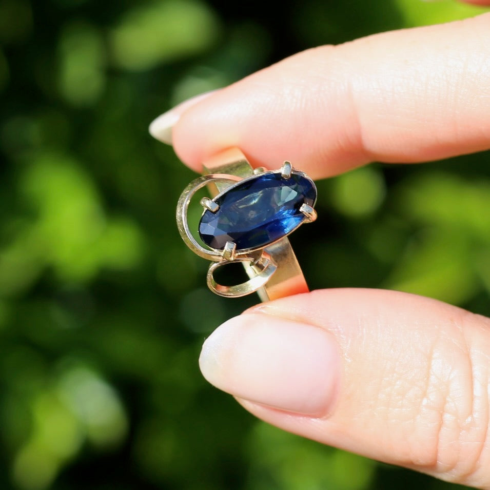 1980s 4ct Australian Parti Sapphire Retro Ring, 9ct Yellow Gold, size X or 11.5 (easily sizeable) with valuation