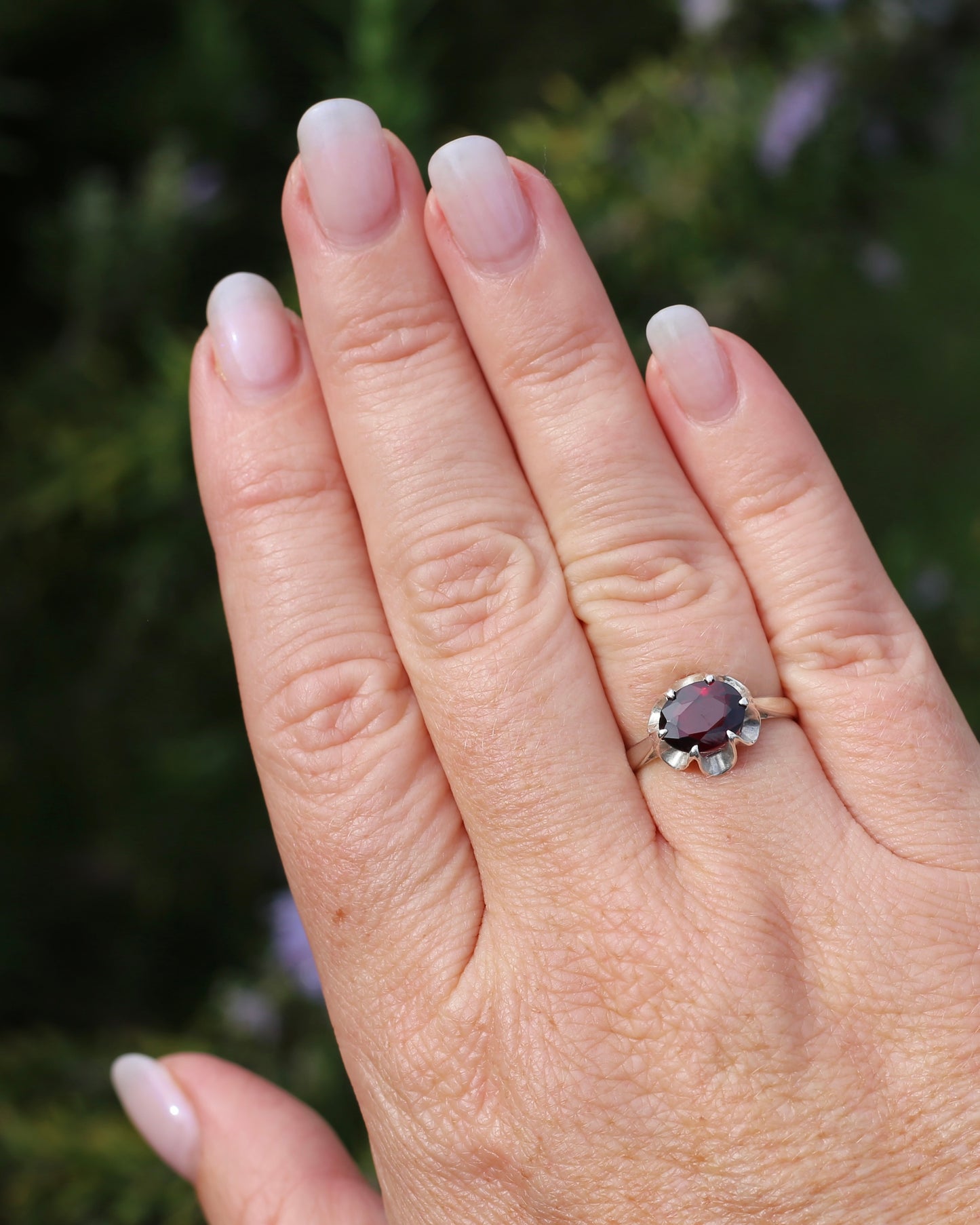 On HOLD Vintique Rhodolite Garnet Belcher Ring, Sterling Silver, size O1/2 or 7.5, 2.44g