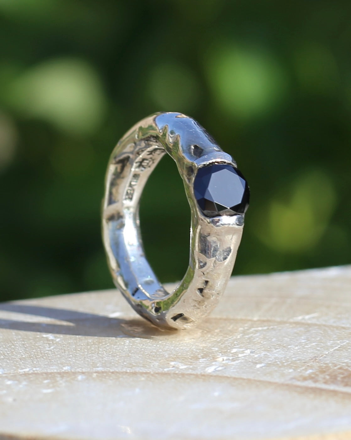 Rustic Handmade Chunky Silver Ring with Black Glass Round Brilliant Semi Bezel Set Stone, size L or 5.75
