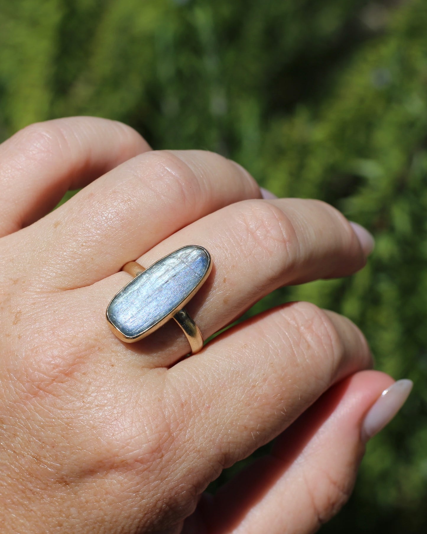 Rustic Freeform Labradorite Cabochon in Bezel Setting, 9ct Yellow Gold, size X1/2 or 11.75