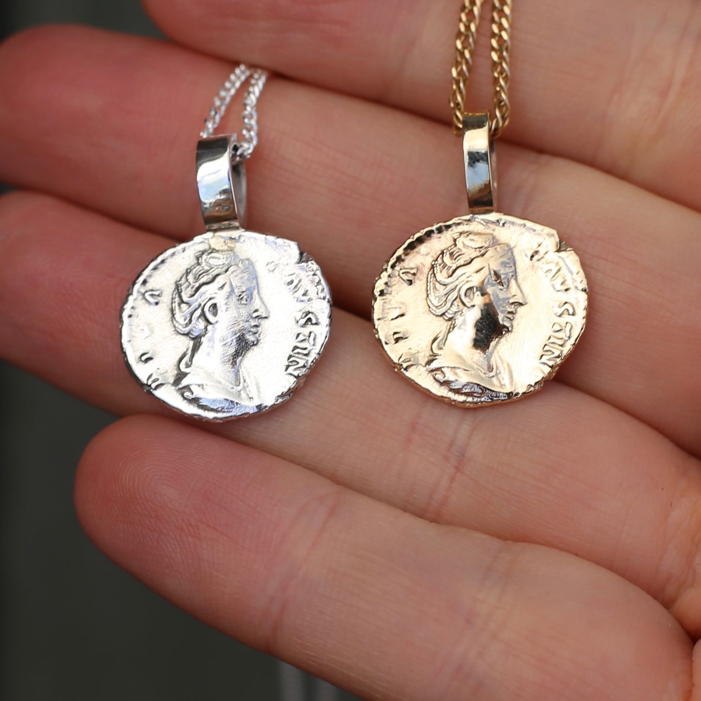 Faustina the Elder Coin Pendant,Cast From a 141-161AD Silver Denarius, avail in  Silver and Gold