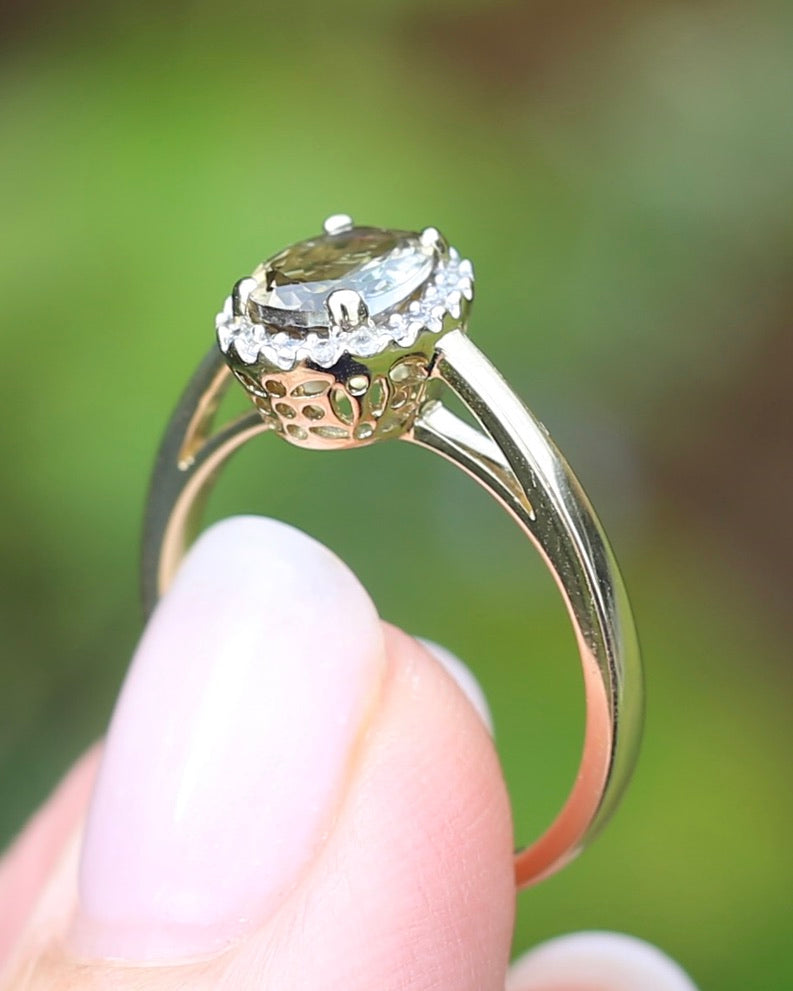 1.2ct Unheated Natural Golden Tanzanite in Diamond Halo, 10ct Yellow Gold, size O1/2 or just over 7.25, 3.0g