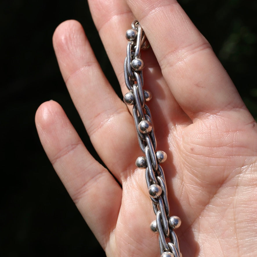 Chunky Silver Bracelet with Overlapping Loops and Dot Ball Detail, 45.3g