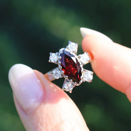 Viking feel Marquise Garnet With 6 Transitional Cut Diamonds, 18ct White and Yellow Gold, size N1/2 or 7