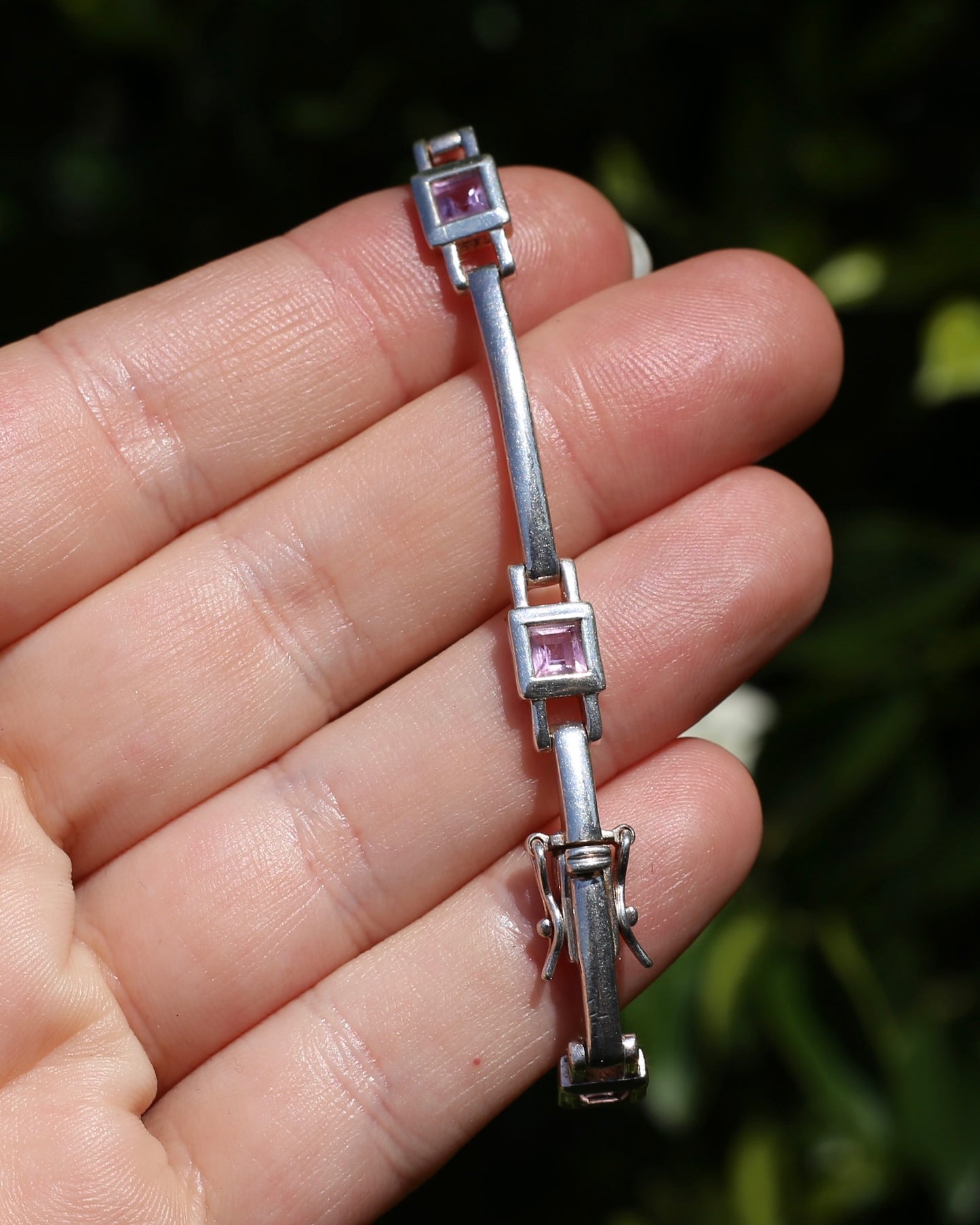Bezel Set Amethyst Silver Bracelet with Double Safety Clasp, 12.2g