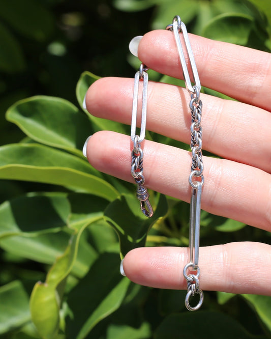 Love Link and Trombone Link Bracelet or Extender with Albert Clasp, Sterling Silver, 7.75 inches or 19.5cm, 11.88g