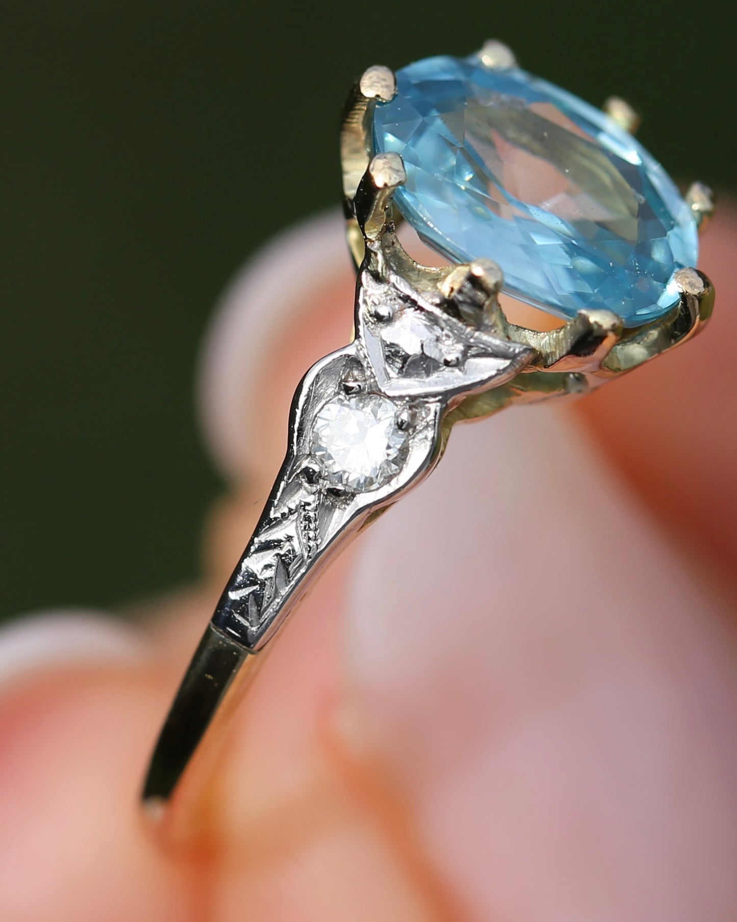 Circa 1930s Art Deco Blue Zircon and Diamond Ring, 18ct size just over M1/2 or 6.5, 2.80g