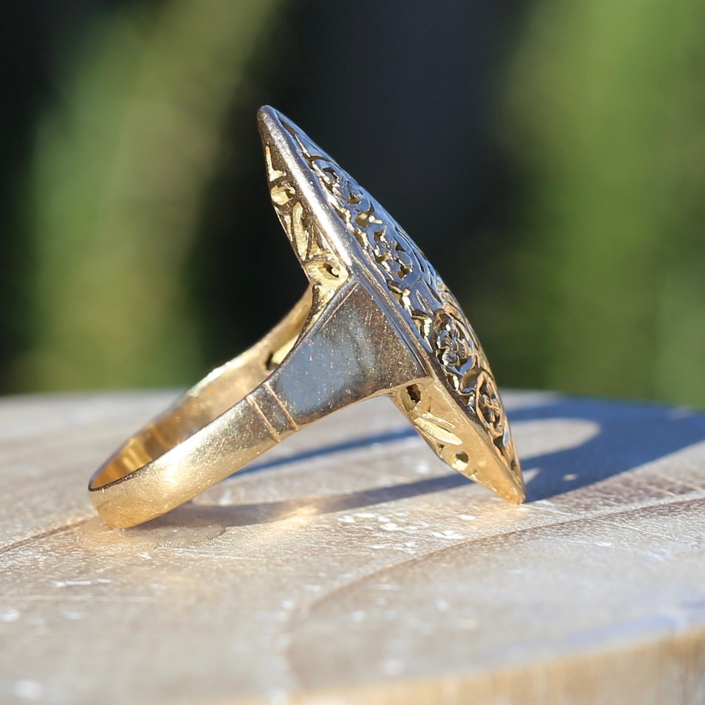 Hand Carved Navette Ring, 14ct Yellow Gold, size Q or 8.25g