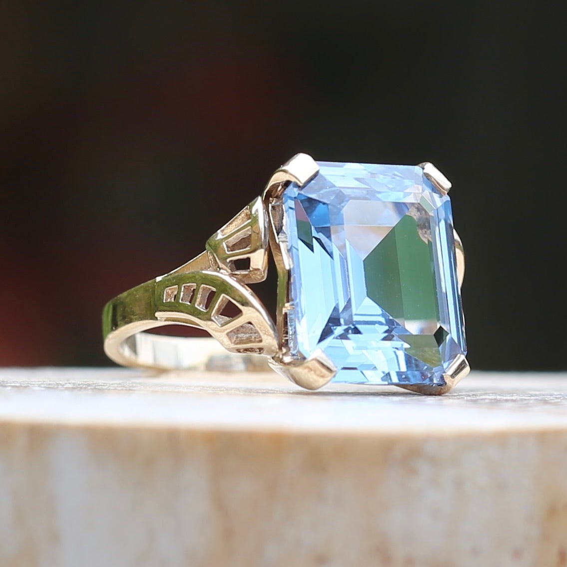 Mid Century Emerald Cut Blue Spinel Cocktail Ring, size N1/2 or 6.75