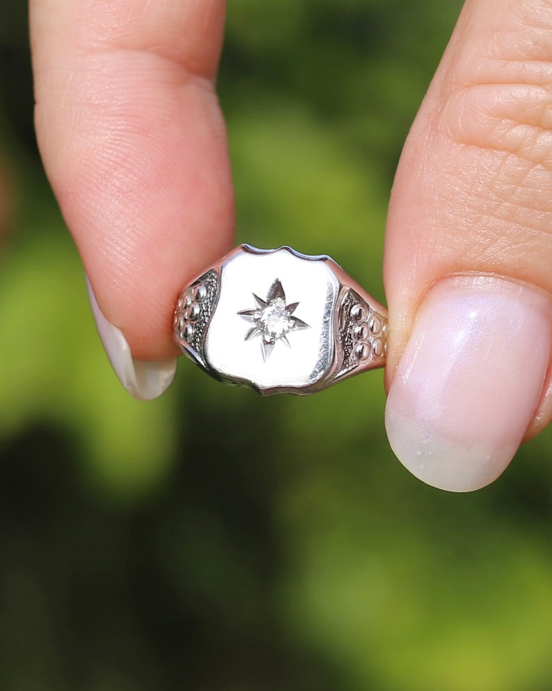 Vintage Shield Signet With Old Cut Diamond, 18ct White Gold, size N or just over 6.5 (fits more like an L1/2-M due to width), 6.86g
