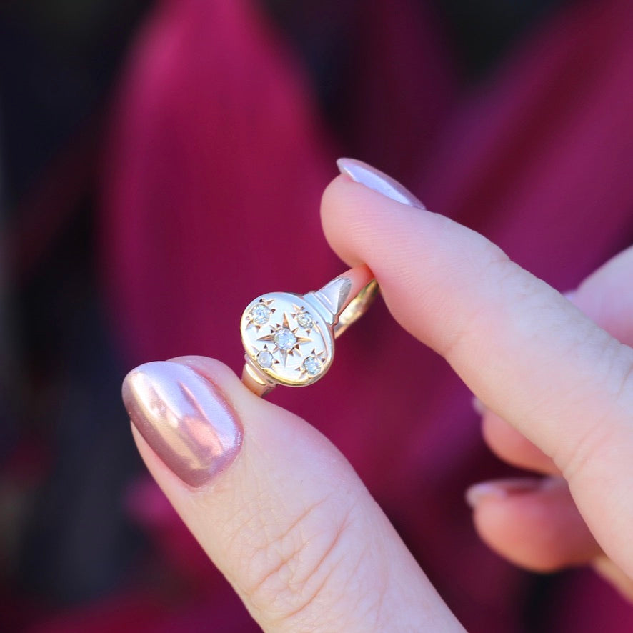 Early Australian Joseph Lawrence Signet Ring, Star Set with 5 Old Cut Diamonds, size T or 9.5