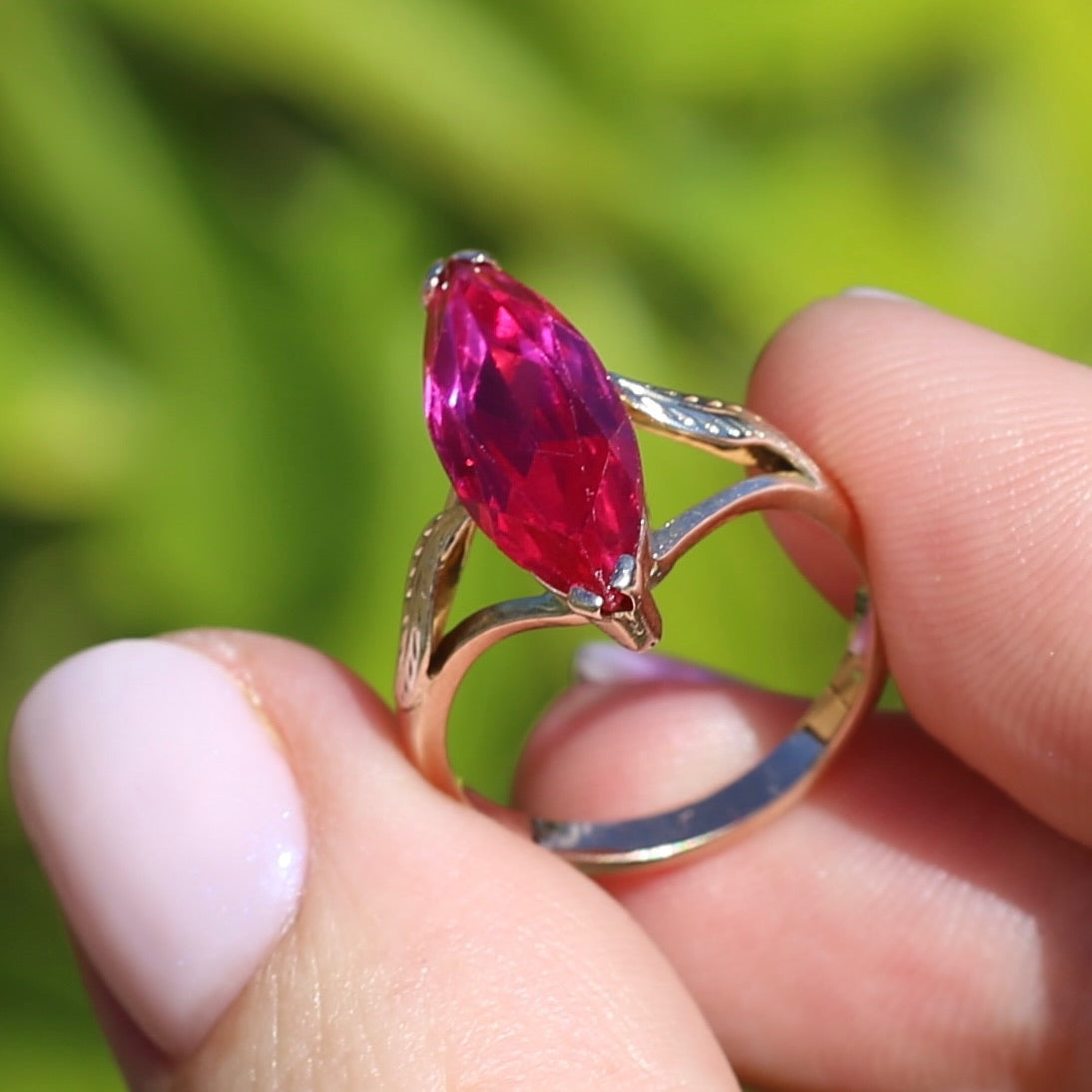 Mid Century Russian Synthetic Ruby Ring, 14ct Rosey Gold, size L1/2 or 6